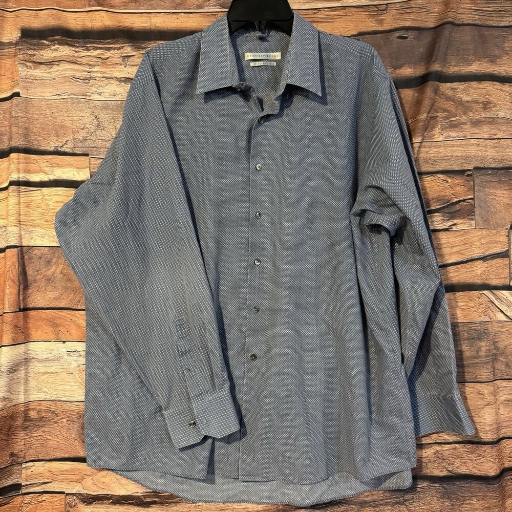 Geoffrey Beene Men's 17.5 34/35 Dress Shirt Regular Fit Blue Geometric Wrinkle